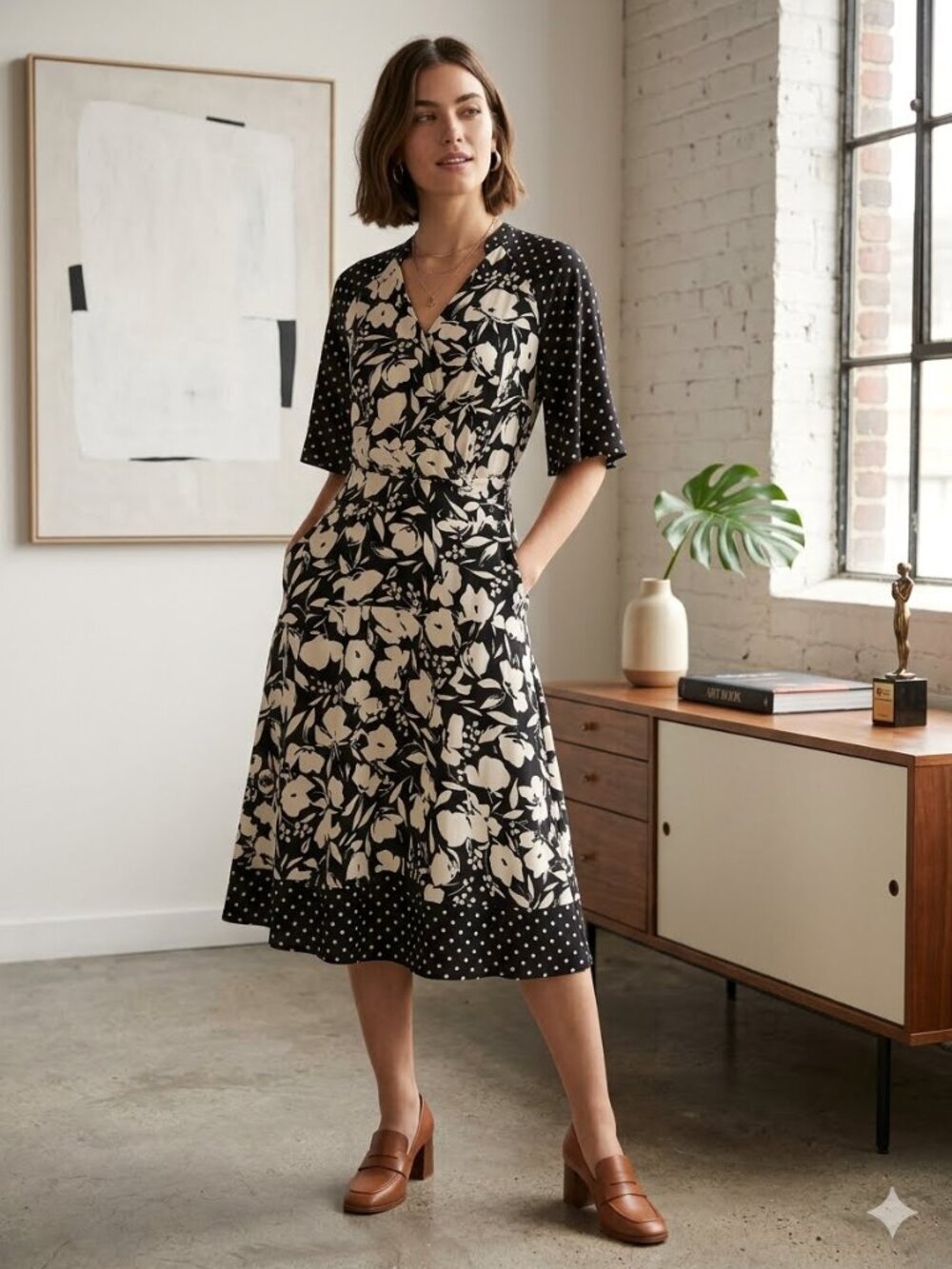 Adrienne Vittadini Women's Size M Black & White Asymmetrical Belted Midi Dress